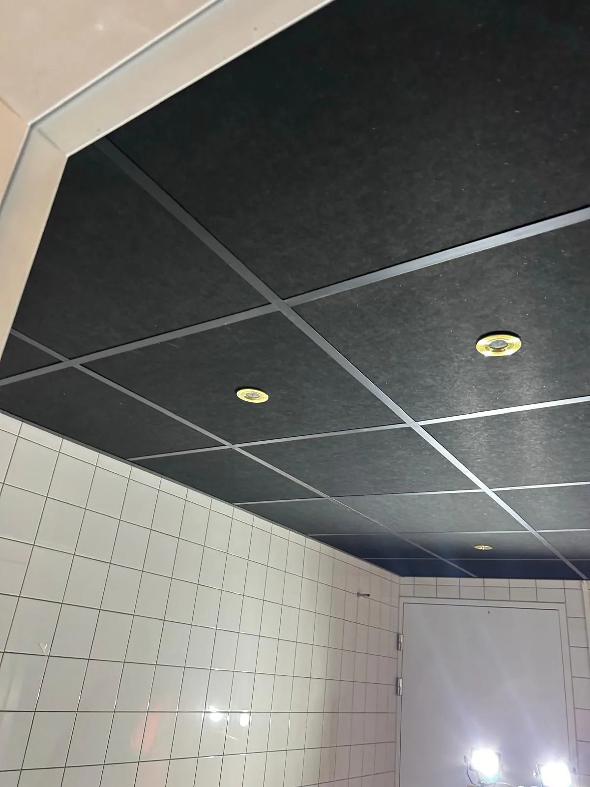 Zwart akoestisch plafond met inbouwspots