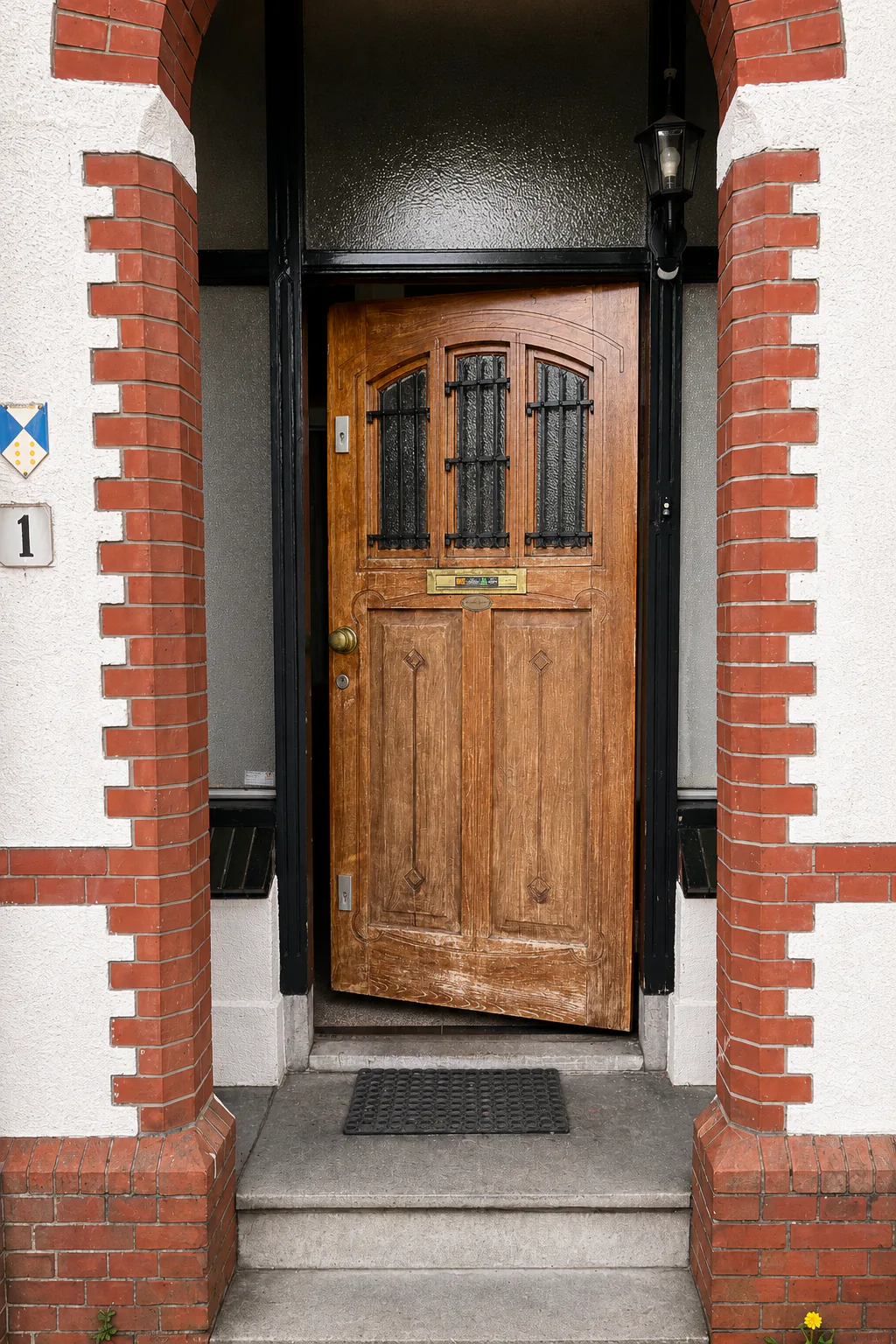 Verweerde eikenhouten voordeur met dofgeworden lak